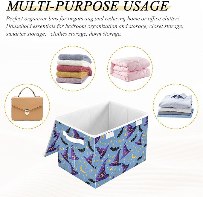 Halloween Wizard Hats Moons Stars Storage Box with Lid 1 PC Foldable Storage Bin with Lids Stackable Storage Bins Cube Closet Organizer Basket with Flip-Top Lid &amp Handles for Shoes Books To
