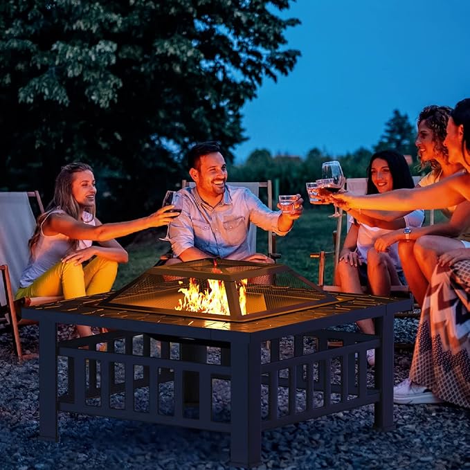Tuoze 32-inch Fire Pits Outdoor Patio Metal Multifunctional Firepit Table with Waterproof Cover for Camping Bonfire Party Picnic BBQ Backyard Garden Outside Heatingblack