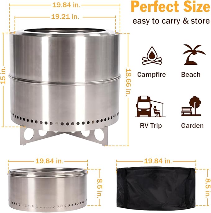 BRIOPAWS Large Smokeless-fire-pit Outdoor | 19 IN | 304 Stainless-Steel-Firepit | Portable Solo Fire Pits for Outside Camping | Low Smoke Stove | Wood Burning Chimenea Inclu. Bag BBQ Forks Handles