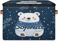 Custom Storage Basket with Name Personalized Storage Bins with Zipper Lid Foldable Fabric Storage Box Large capacity with Handle Snowflake White Bear