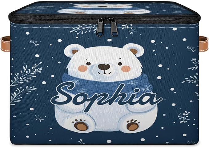 Custom Storage Basket with Name Personalized Storage Bins with Zipper Lid Foldable Fabric Storage Box Large capacity with Handle Snowflake White Bear