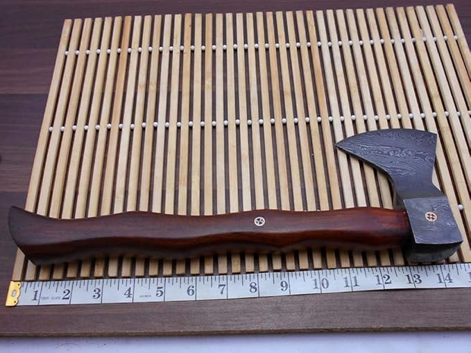 Damascus Steel Log Splitter Axe 14.5 Inches Long Hand Forged with Rose Wood Round Handle Bearded Hiking Battle Axe Thick Cow Hide Leather Sheath
