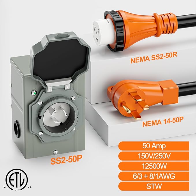 50 Amp Generator Cord and Pre-Drilled Inlet Box Kit 25ft Generator Cable Extension 50A 4 Prong NEMA 14-50P to SS2-50R with Twist Lock Heavy Duty STW Wire for RV Camper &amp House ETL Listed