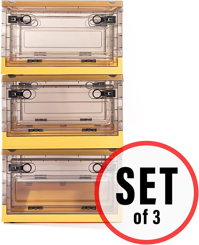 Best Home Fashion 3 packs Storage Bins Side Opening Stackable Lid Collapsible Foldable Easy Tidy Up with Storage Box Ideal for Home &amp Office Organization Storage Cube (Small Yellow)
