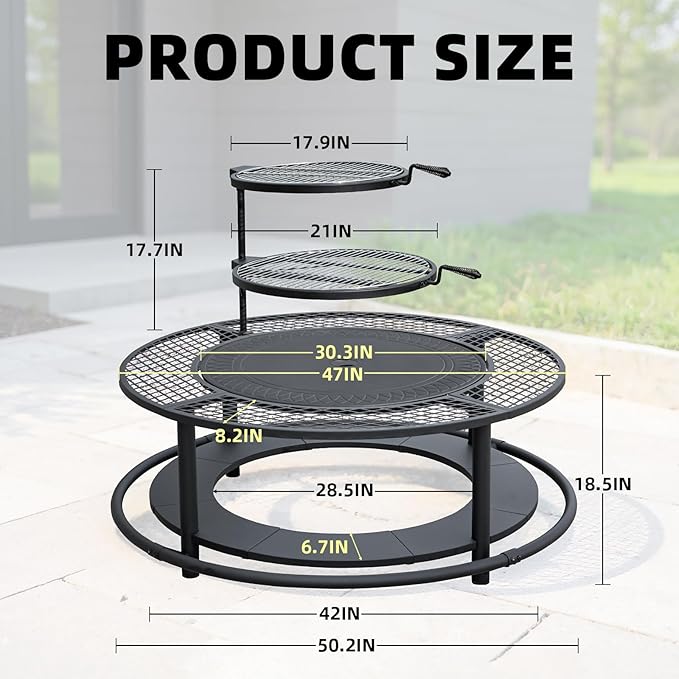 50 Inch Fire Pit Surround Tabletop for Smokeless Fire Pit Outdoor Surround Table with 2 Grill Grates and Firewood Storage Shelf Protective Barrier for Safety &amp Extra Space (Stove not Included)
