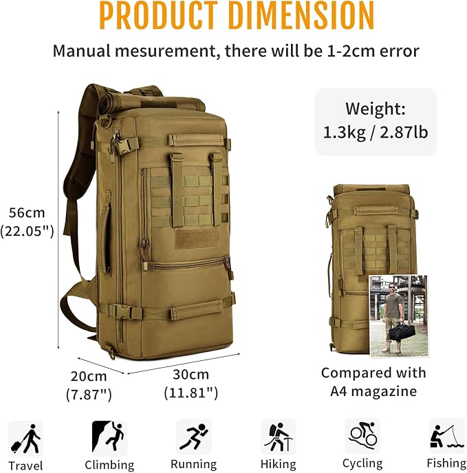 HUNTVP 50L 3 Way Tactical Military MOLLE Assault Backpack Modular WR Bag
