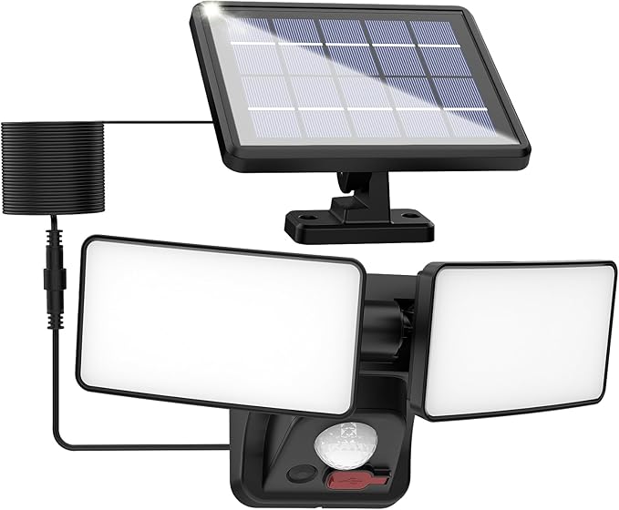 Solar Security Light with USB Power for Cams Detachable Solar Panel &amp 15ft Cord 6500K Motion Activated Outdoor Floodlight IP65 Waterproof for Yard Garage Porch