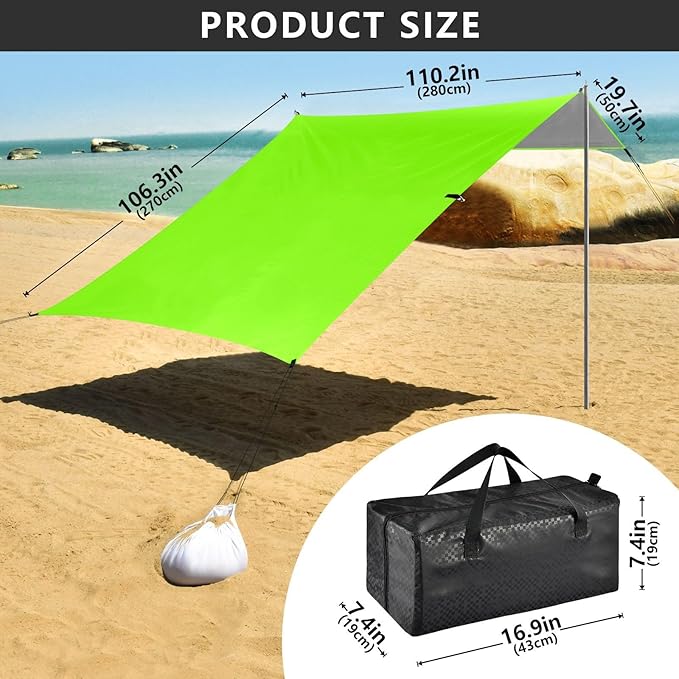 Green Color Beach Tent UPF50 Lightweight Sun Shelter with Sand Pockets for Camping Picnics Backyard