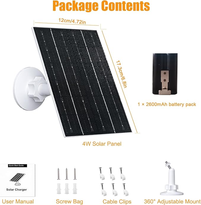 4W Solar Panel with Battery Pack for Ring Video Doorbell 2/3/3 Plus/4 IP65 Waterproof 360° Adjustable Mount 16.4ft Cable