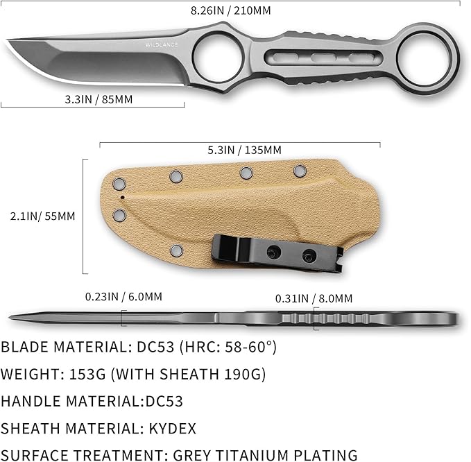 EDC Fixed Blade Knife with Sheath Camping Knife Fixed Blade 3.3 DC53 Steel Outdoor Survival Blade Full Tang Hunting Knives for Men Women IB-01 Silver