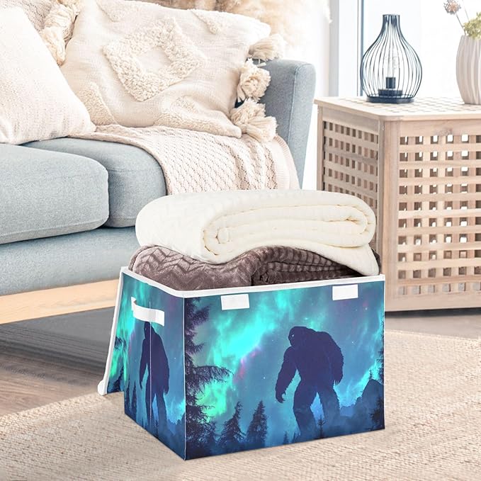 Storage Cube with Lid Aurora Sasquatch Print 16.5×12.6×11.8 IN Collapsible Large Capacity Foldable Storage Basket Bin Organizer