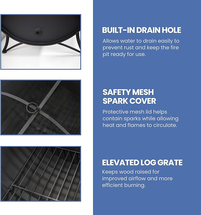 35-Inch Oval Barrel Wood Fire Pit – Steel Patio Backyard Heater with Safety Spark Screen Easy to Clean Elevated Log Grate and PVC Cover Black
