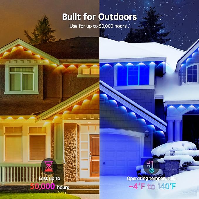 50FT Permanent Outdoor RGB LightsIP67 Waterproof Smart LED Eaves Lights with App/Remote Controlfor Christmas and All Holiday DecorDaily and Accent LightingHouse Roof and Garden Lighting