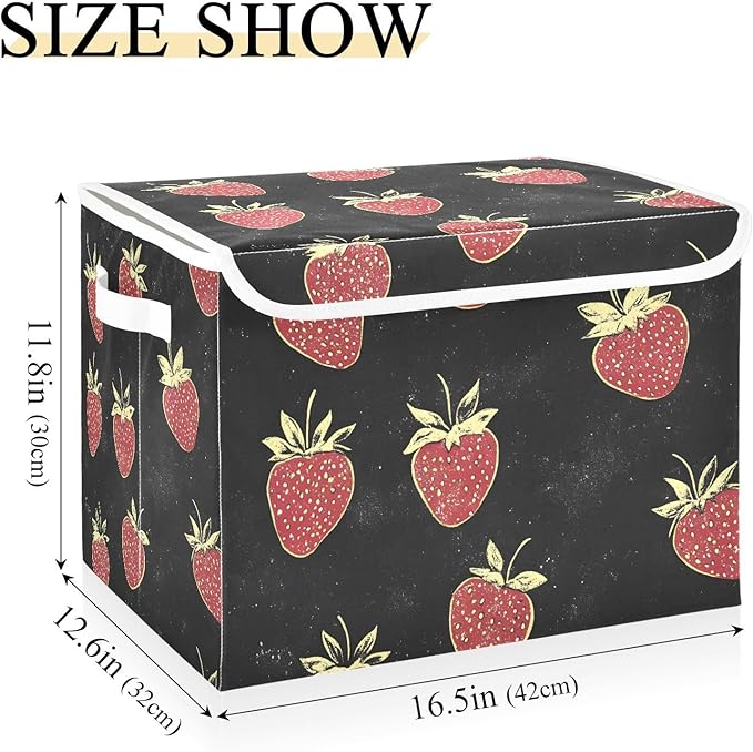 Storage Cube with Lid Cartoon Strawberry Print 16.5×12.6×11.8 IN 1 Pack Collapsible Large Capacity Foldable Storage Basket Bin Organizer
