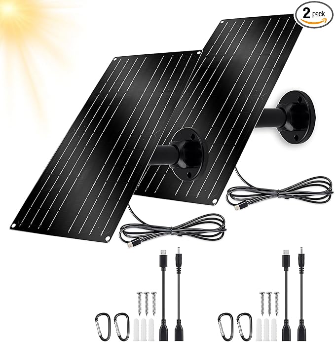 12W Solar Panel for Security Camera 5V USB-C Solar Charger with Micro USB &amp Barrel Adapters Outdoor Weatherproof for Continuous Home and Property Monitoring (2)