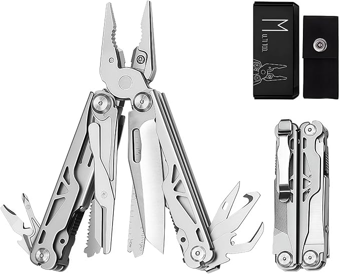 Multitool 17-in-1 Full-Size Lightweight EDC Multi-Purpose Pliers Nylon Bag Camping Knives &amp Tools Tactical Outdoor Gear Mens Gifts Ideas Gifts for Hunters Men who have Everything (Silver)