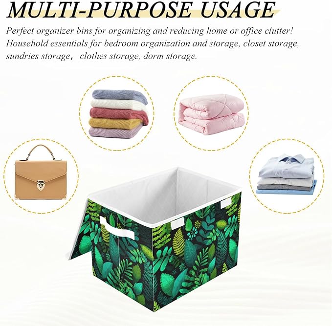 Collapsible Storage Bins with Lids Decorative Fabric Storage Cubes Closet Organizer and Storage Basket Boxes Containers for Clothes Box Chest Nursery Folding Rectangle Dark Green Leaves