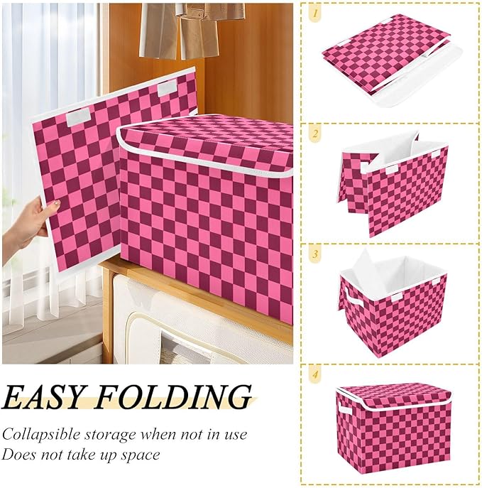 Collapsible Storage Bins with Lids Decorative Fabric Storage Cubes Closet Organizer and Storage Basket Boxes Containers for Clothes Box Chest Folding Rectangle Checkered Hot Pink