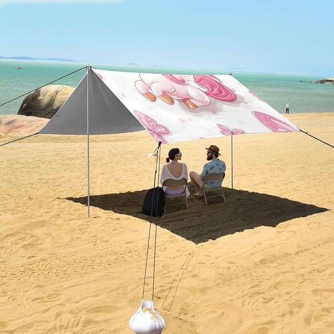 Cartoon Cute Pink Unicorns Butterfly Beach Tent &amp Canopy UPF50+ Protection Easy Setup Large Portable Sun Shelter with Sandbags &amp Sand Shovel for Camping Picnics Backyard &amp Fishing