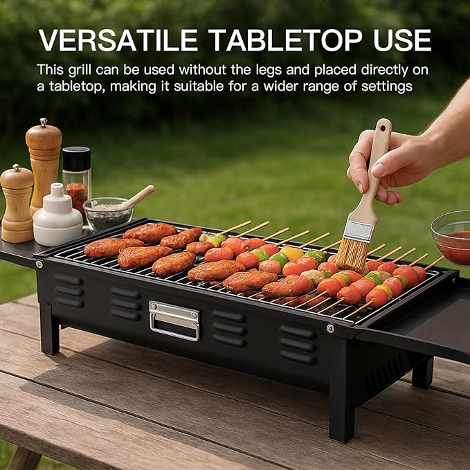 comzenz 35’’ Portable Charcoal Grill Folding BBQ Grill for Outdoor Grilling Cooking Camping Hiking Picnics Tailgating Backpacking Party With Storage Bag &amp Non-Stick Frying Pan Matte Black