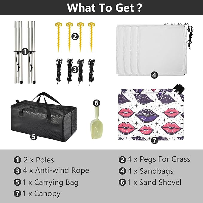 ALAZA Lips Polka Dots Beach Tent Sun Shelter UPF50+ Protection Beach Shade Canopy w/ 4 Sandbags for Outdoor Camping Fishing Backyard Fun Picnic 10x9 ft