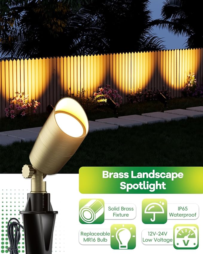 Low Voltage Brass Landscape Lights Solid Outdoor Spotlights with Replaceable MR16 LED Bulb 5W 2700K Warm White 12V 24V Landscape Lighting Waterproof Design for Garden Yard Patio