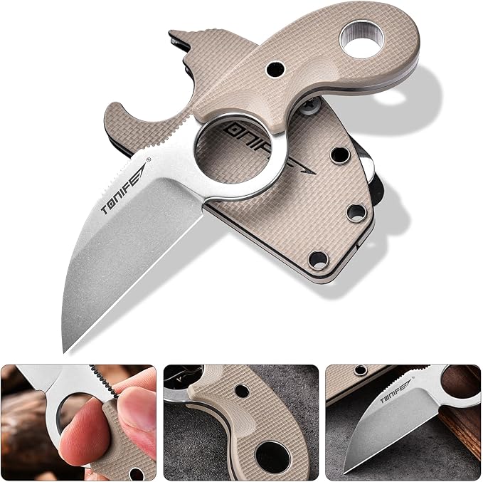 TONIFE Small Fixed Blade Knife Full Tang EDC Camping with Sheath Lanyard and Clip Blade Length 2.172.5 oz.with Sheath (Warm Sand - Stonewash)