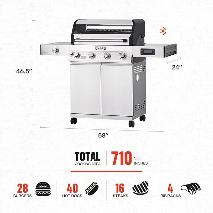 Monument Grills 4+1 Liquid Propane Gas Smart BBQ Grill 4 Burners &amp 1 Side Burner Denali 405 Stainless Steel with Smart technology Knob Controls Outdoor Use