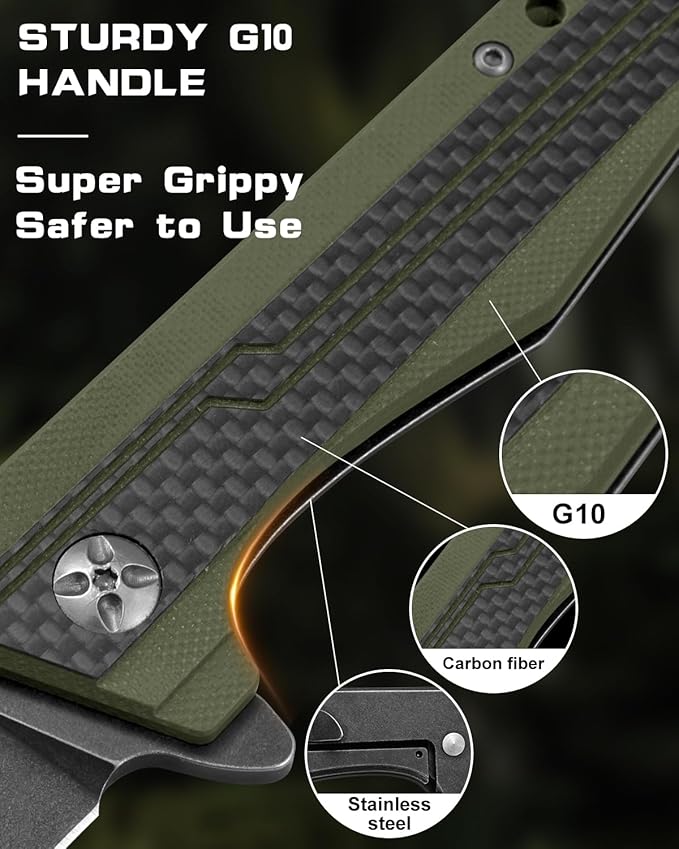 DISPATCH 2.83'' Folding Pocket Knife with 8Cr13MoV Reverse Tanto Blade Military Green G10 + Carbon Fiber Handle Frame Lock Front Flipper EDC Knife with Pocket Clip for Camping Hiking and Outdoor Us