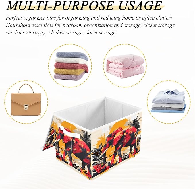 AIXIWAWA Lidded Storage Cube (Art Elephant) Fabric Foldable Closet Bins with Flip Lid and Handles Organizer Basket Container 16.5 x 12.6 x 11.8 IN