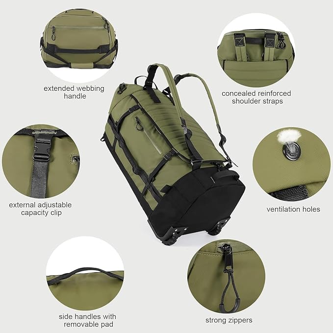 Rolling Duffle Bag with Wheels86L 30”Folding Duffle Backpack with 2 WheelsTravel Bag with Separate Shoe Compartment (Green)