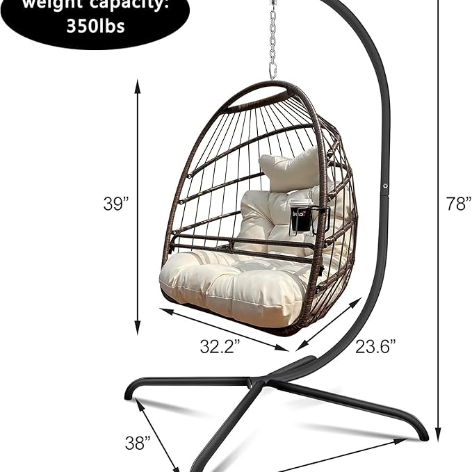 Swing Egg Chair with Stand Indoor Outdoor Wicker Rattan Patio Basket Hanging Chair with C Type Bracket Cushion Pillow and Special Construction Cup Holder