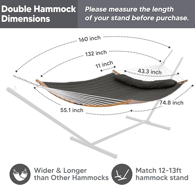 SUNCREAT Portable Double Hammock with Curved Spreader Bar 450 lbs Capacity Heavy Duty Outdoor Hammock with Outer Bag Dark Gray