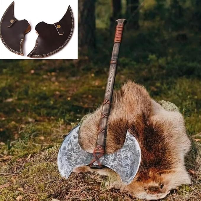 QC® Double Headed Carbon Steel Viking Bearded Axe with Wooden Handle - Scandinavian Style Axe Norse Axe Seax (DHA2)