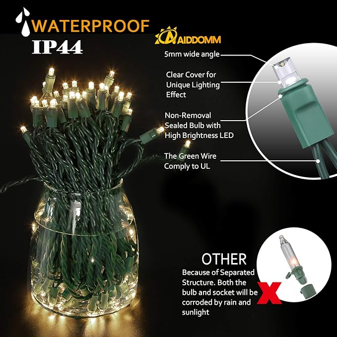 100 Counts Warm White LED Christmas Lights – 50ft 5mm White Christmas Lights Outdoor Commercial Grade Waterproof Indoor Christmas Tree Decorations Green Wire Mini String Lights UL IP:65
