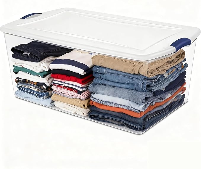 66Qt Large Plastic Storage Bin with Lid Plastic Storage Bin with Durable Lid Stackable and Nestable Clear Tote Container Featuring Blue Buckles Ideal for Organization and Storage Purposes (4-Pack)