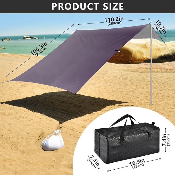 Grey Gradient Beach Tent UPF50+ Protection Lightweight Sun Shelter with Sandbags and Shovel for Camping Fishing Backyard Fun