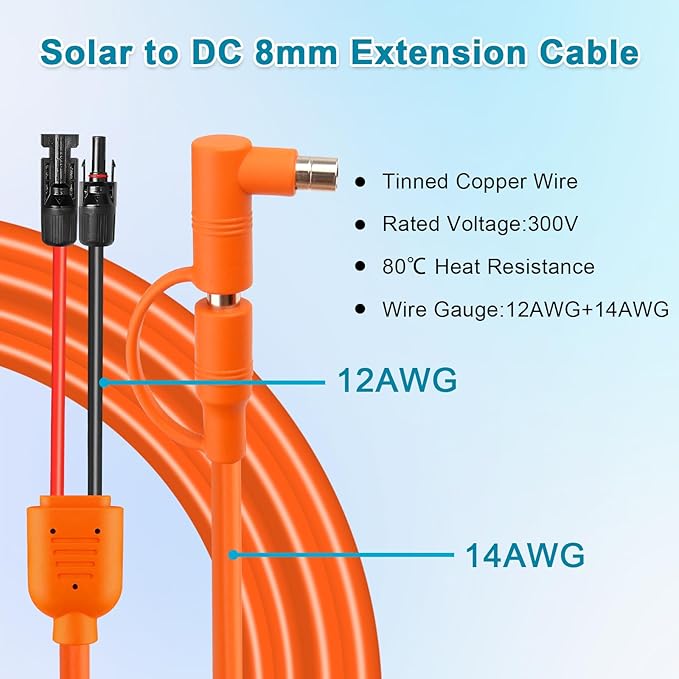 XRDS -RF Solar Panel to DC 8mm Adapter Cable 20FT Solar Connector to DC7909/8020 Male Plug Extension Cord 12AWG+14AWG Tinned Copper Wire Compatible with Portable Power Station