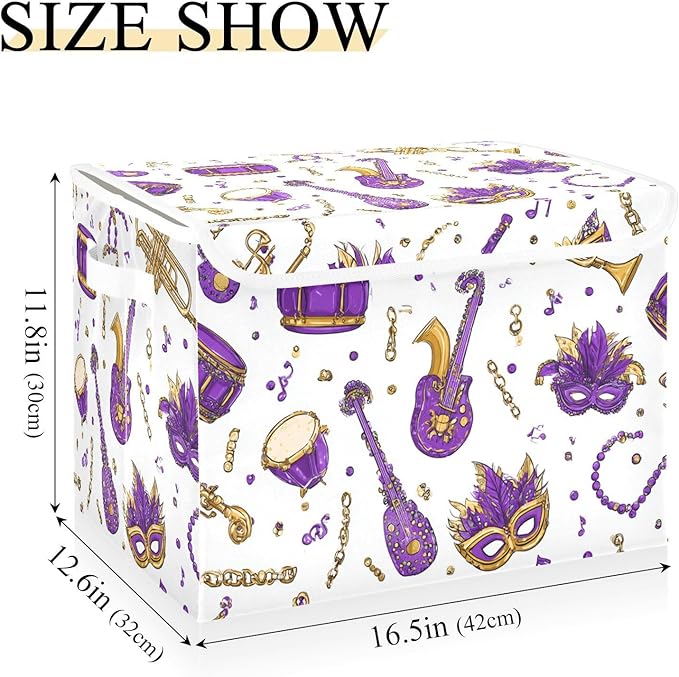 Purple Mask Instrument Shrove Tuesday Storage Box with Lid 1 PC Foldable Storage Bin with Lids Stackable Storage Bins Cube Closet Organizer Basket with Flip-Top Lid &amp Handles for Shoes Book