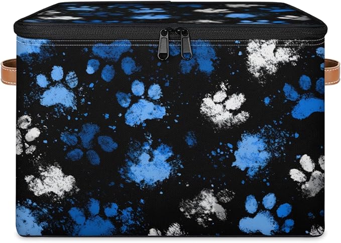 Storage Bin with Lid Paws Prints Stackable Closet Storage Bins Decorative Bedroom Organizer Box Lidded Baskets Living Room Storages Boxes Cube Organizer Cute Container with Handles