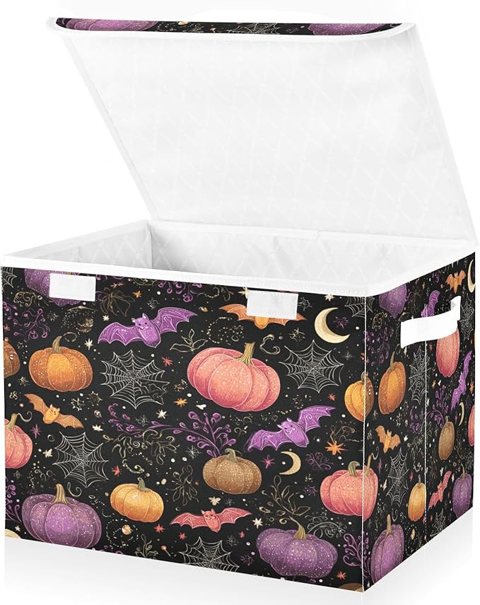 Black Pumpkins Stars Bats Collapsible Storage Bins with Lids Decorative Fabric Cubes Closet Organizer Basket Boxes Containers for Clothes Box Chest Foldin