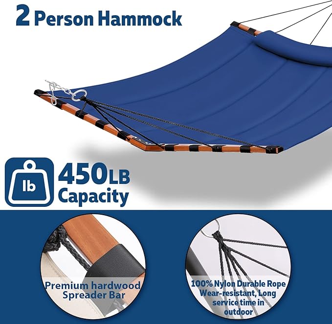 TegerDeger 12FT 2 Person Hammock Large Hammock 450LB Capacity with V Shaped Hardwood Spreader Bar &amp Nylon Rope for Outside Patio Garden Backyard Beach Poolside - Blue