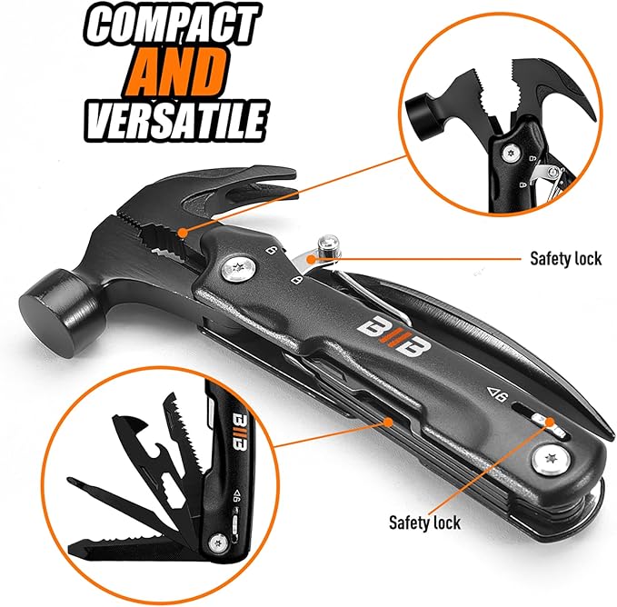 BIIB Gifts for Men 13 in 1 Hammer Multitool Camping Accessories Mens Gifts for Dad Him Boyfriend Anniversary Birthday Gifts for Men Who Have Everything Camping Survival Gear Cool Gadgets