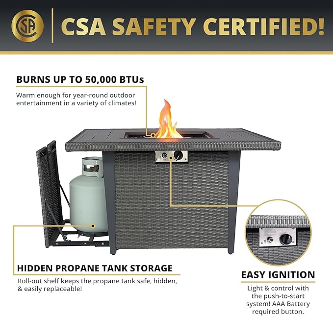 42 Inch Propane Gas Fire Pit Table 50000 BTU Square Aluminum Outdoor Fireplace with CSA Certification Lid Glass Wind Guard &amp Waterproof Cover Gray Rattan 2-in-1 Fire Table for Patio Garden