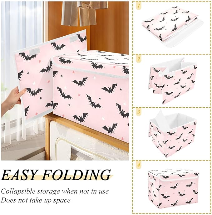 Halloween Bats Pink Lidded Home Storage Bins Closet Storage Bins Foldable Oxford Fabric Storage Box for Home Bedroom Closet Office (16.5x12.6x11.8 in)