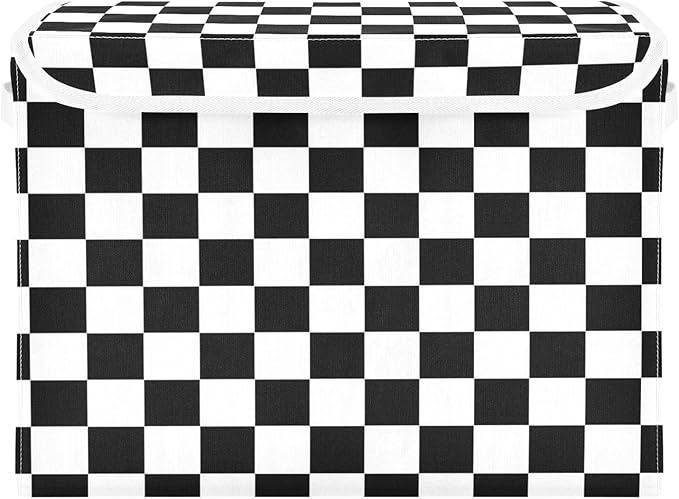 Black and White Checkered Pattern Storage Baskets Lidded Bin Foldable Storage Boxes Cubes Lids with 2 Handles for Organizing Closet Home Office