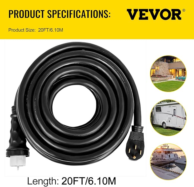 VEVOR 25 FT 50 Amp Generator Extension Cord NEMA N14-50P &amp SS2-50R &amp CS6364 STW 6/3 + 8/1 AWG 125V 250V Generator Power Cord Twist Lock Connectors