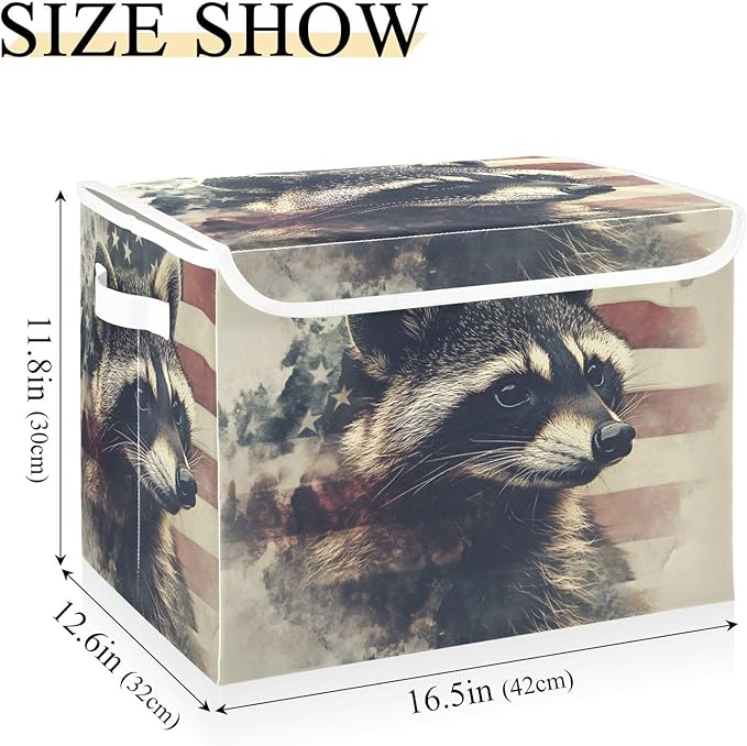 Storage Cube with Lid Raccoon American Print 16.5×12.6×11.8 IN Collapsible Large Capacity Foldable Storage Basket Bin Organizer