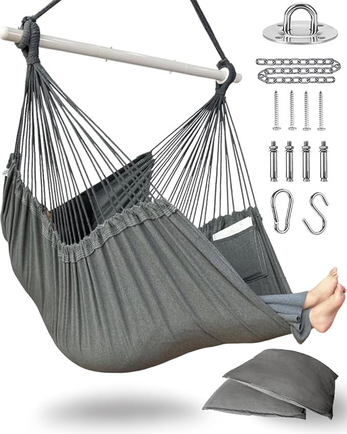 XXL Hammock Chair Hanging Rope Swing with 2 Cushions - Max 500lbs-Perfect for Patio Porch Bedroom Backyard Indoor or Outdoor - Includes Hanging Hardware Kits