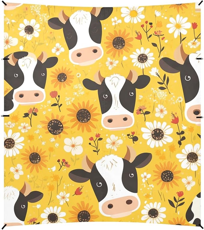 Black White Cow Print Sunflowers Foldable Beach Tent UPF50+ Lightweight Large Sun Shelter with Sandbags and Shovel for Camping Fishing Backyard Fun